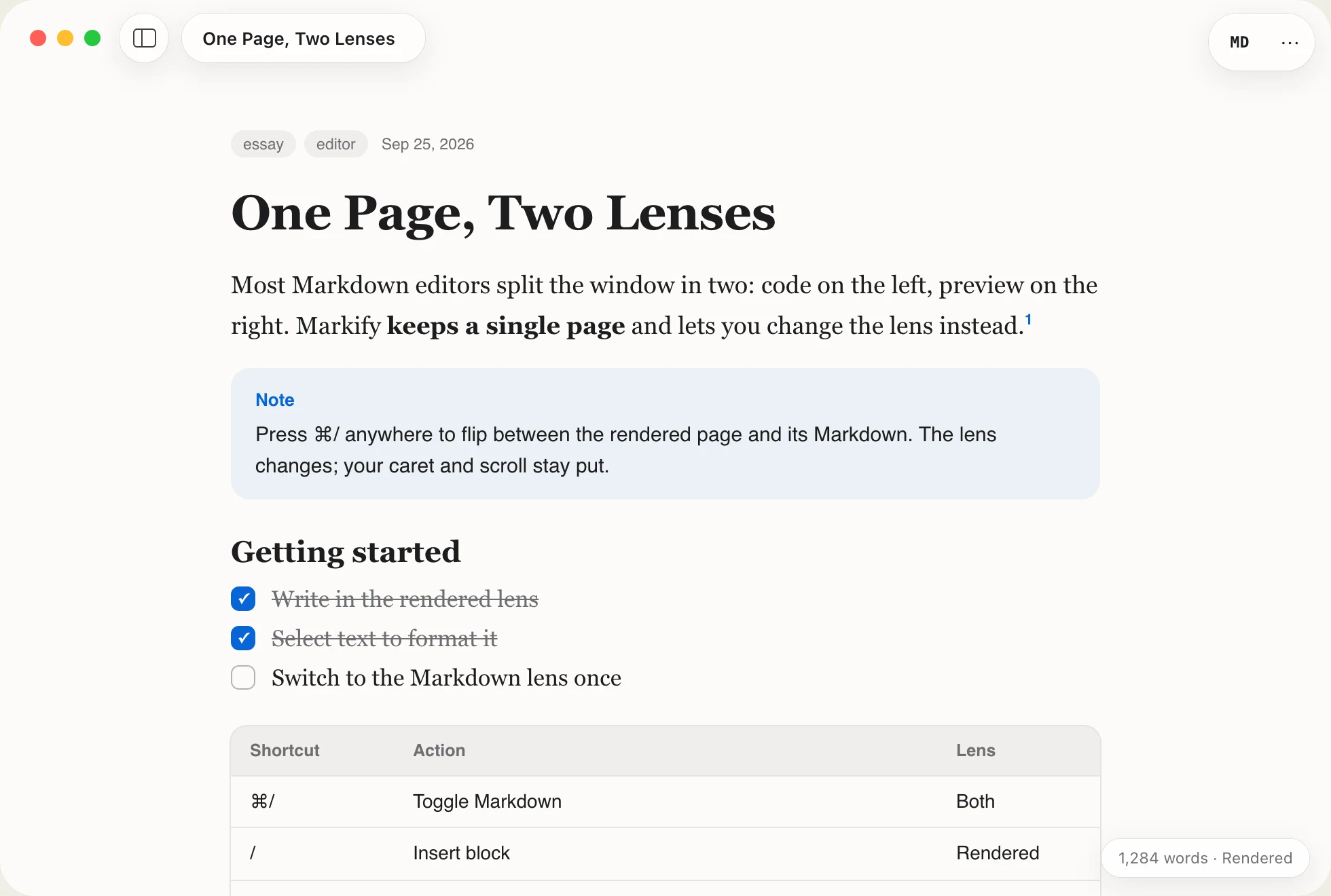 Markify's rendered lens: a document with frontmatter chips, a large serif heading, a note callout, a task list and a table