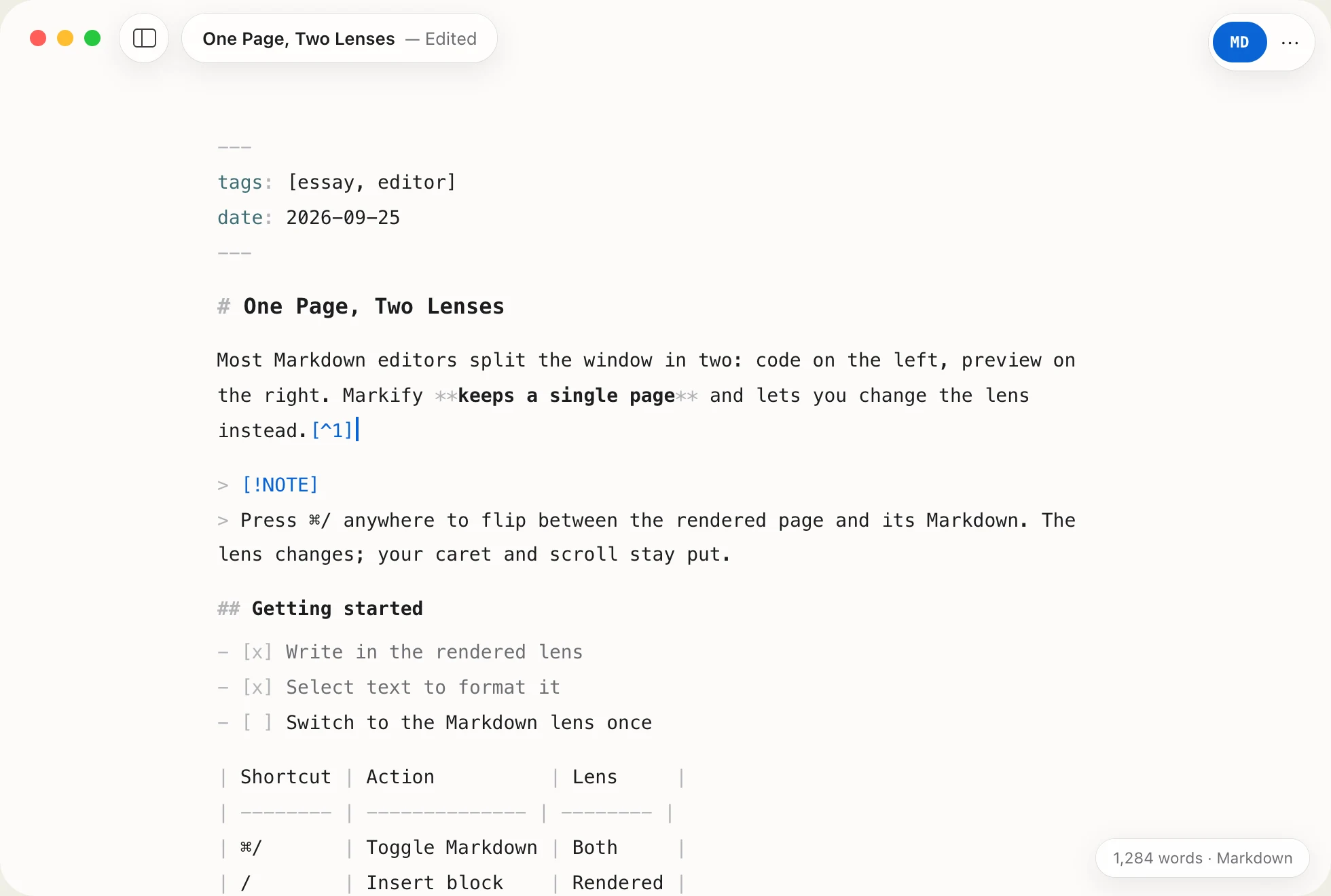 The same document in the Markdown lens: raw source with dimmed syntax characters