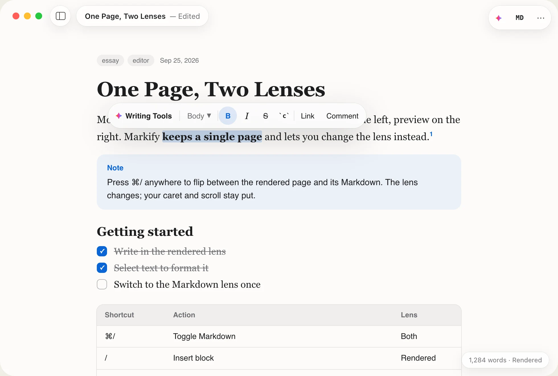 A floating format bar with Writing Tools, block style, bold, italic, strikethrough, code and link buttons above a selected sentence