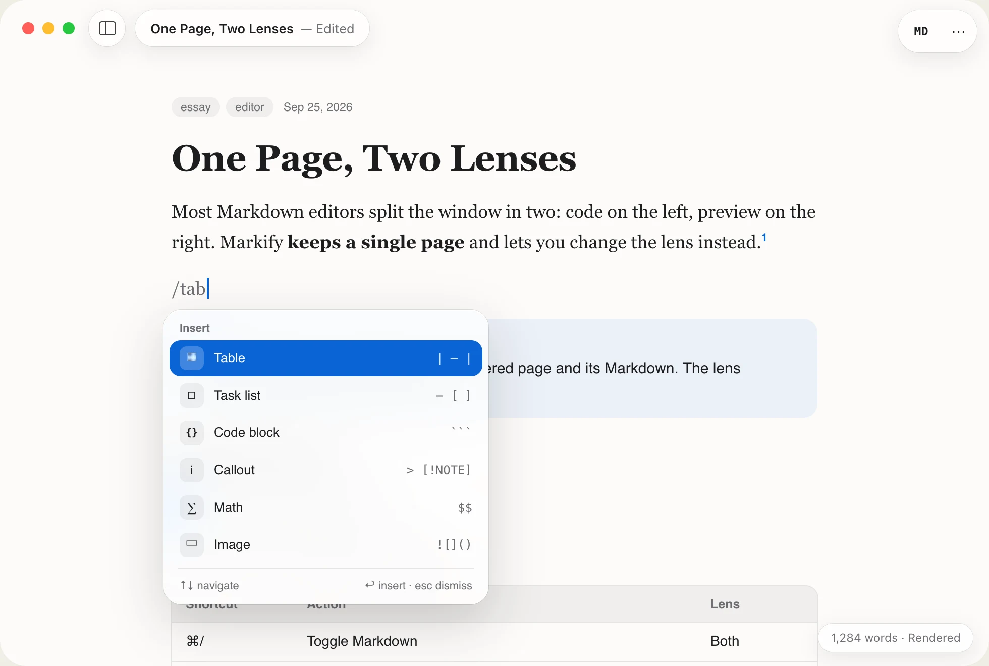 The slash insert menu listing Table, Task list, Code block, Callout, Math and Image with their Markdown shortcuts