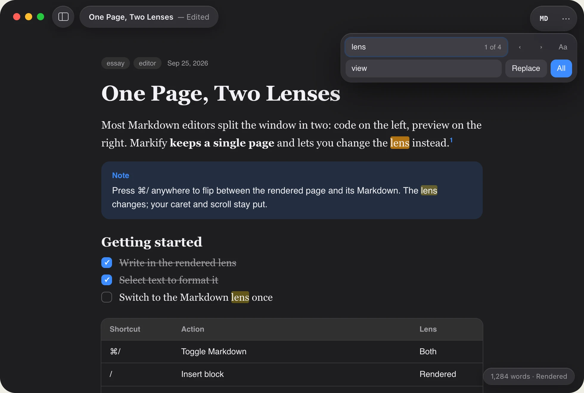 Glass find and replace panel docked under the toolbar with matches highlighted in yellow