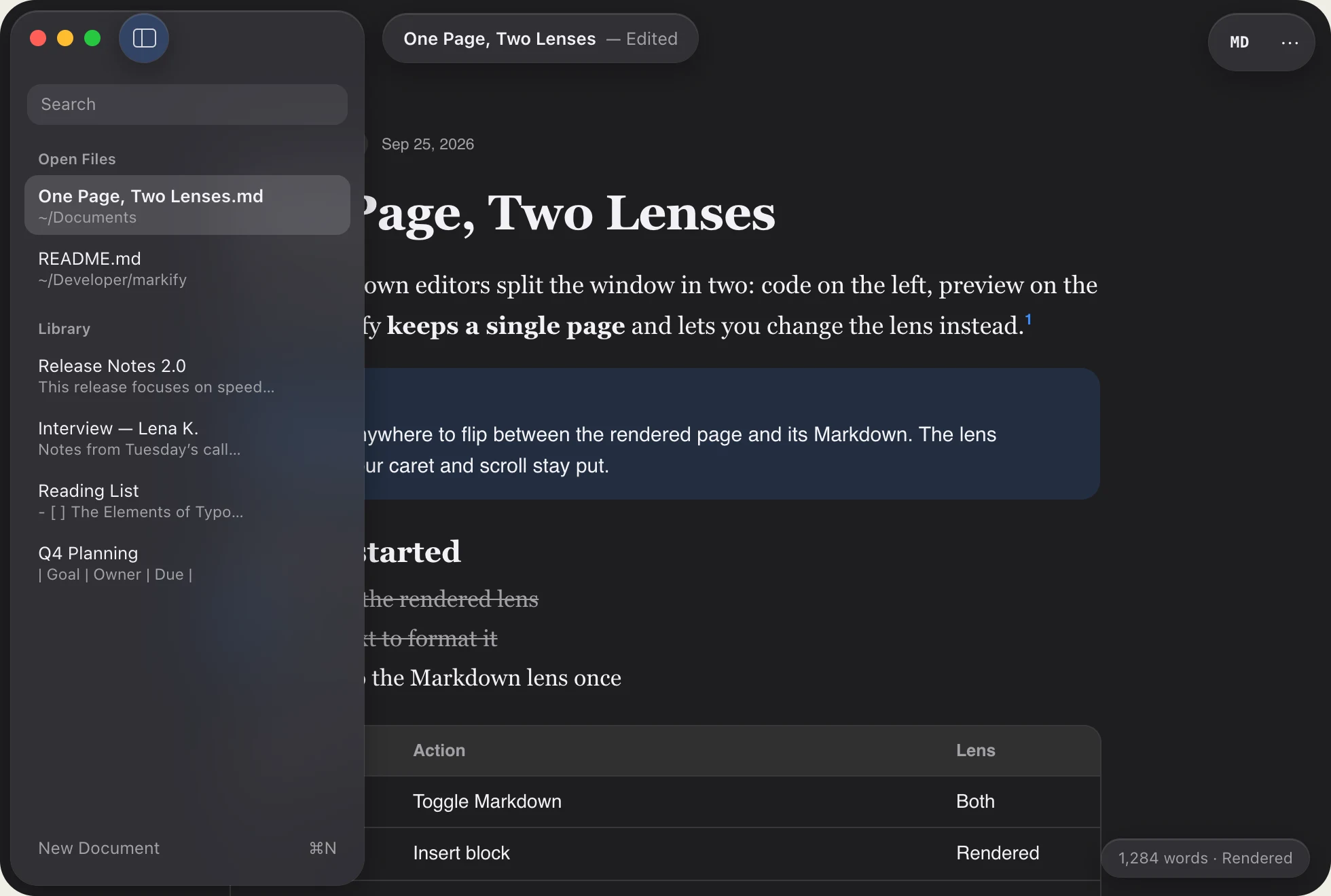 Dark mode library sidebar showing open files and library notes over the document