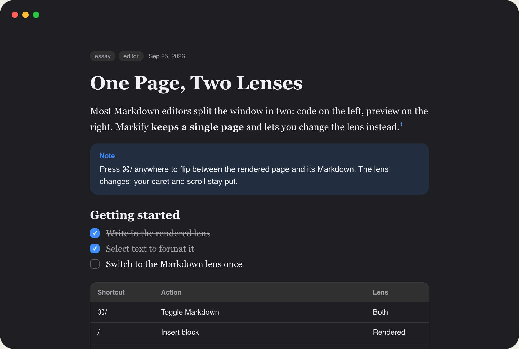 Dark mode document mid-typing with all controls faded except the window buttons