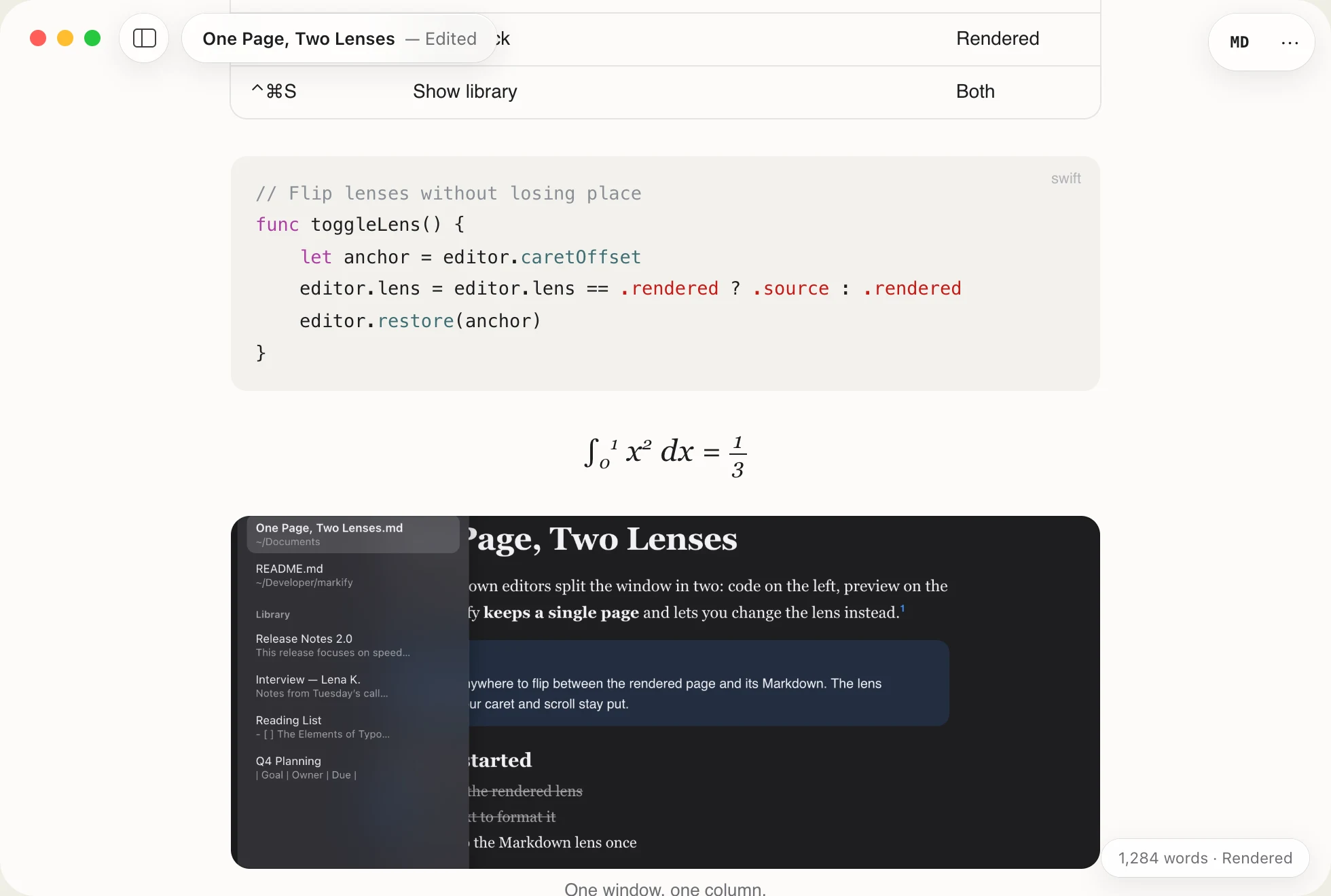 Lower part of a document showing a Swift code block with syntax highlighting, a display math equation, an image and footnotes