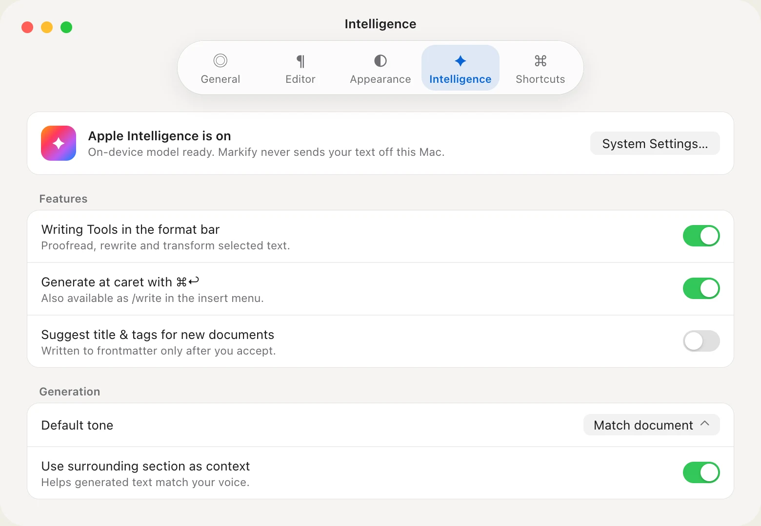 Intelligence settings: Apple Intelligence status card, Writing Tools, generate at caret and tone options