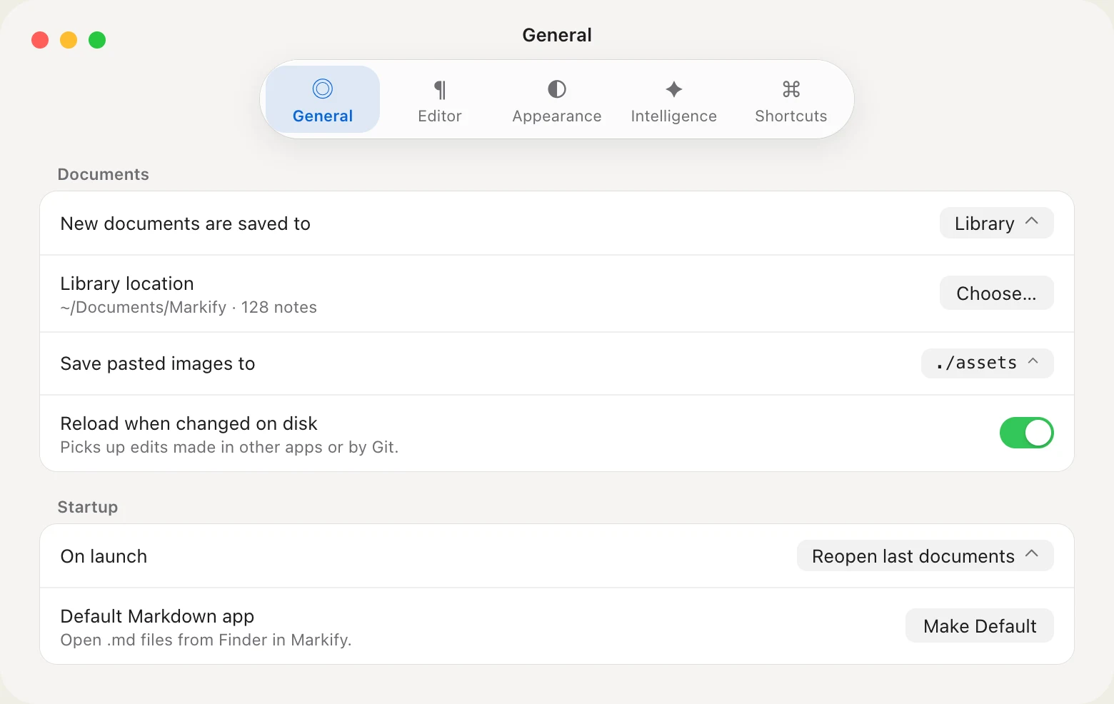 General settings: document location, library folder, pasted images, reload on change and startup options