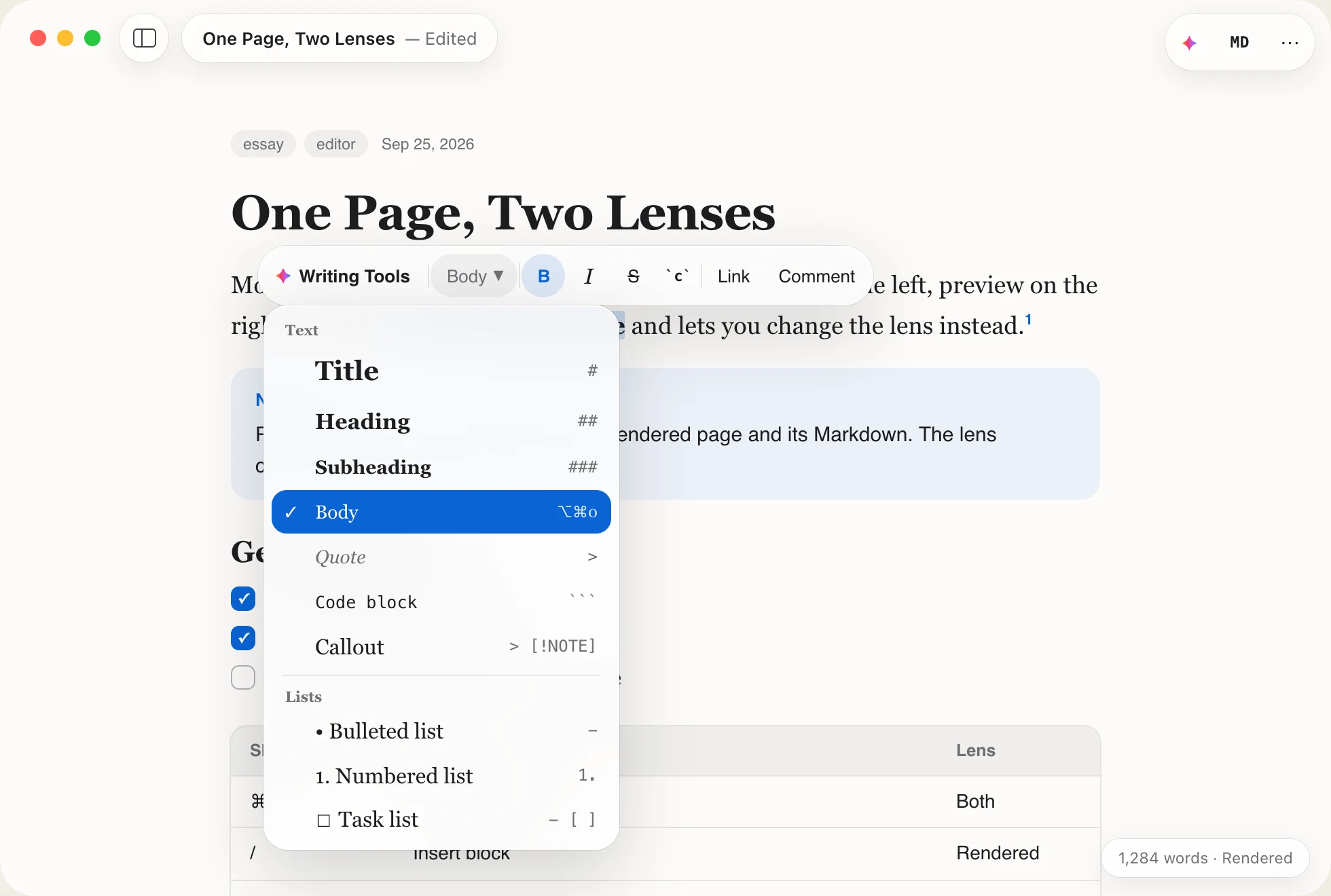 Block style menu with Title, Heading, Subheading, Body, Quote, Code block, Callout and list options
