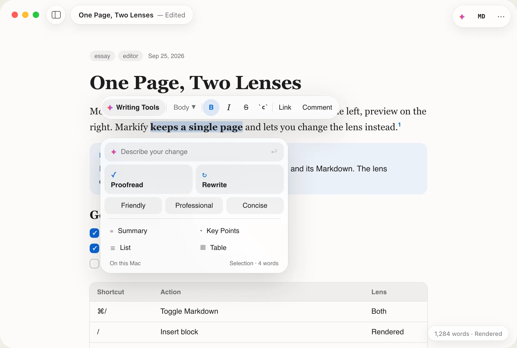 Writing Tools popover under a selection, offering Proofread, Rewrite, tones and transforms