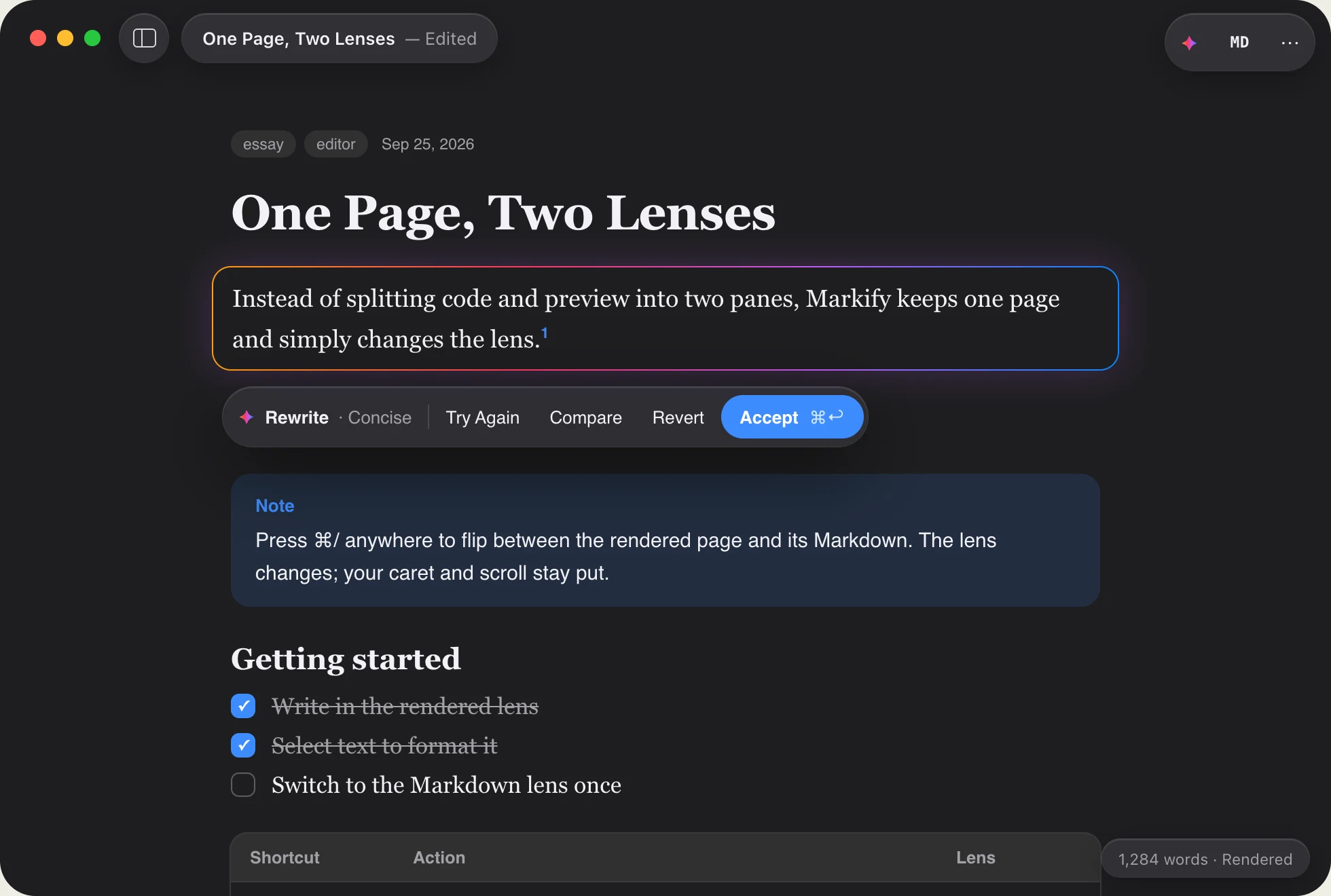 Rewritten paragraph wrapped in a multicolor edge with Try Again, Compare, Revert and Accept