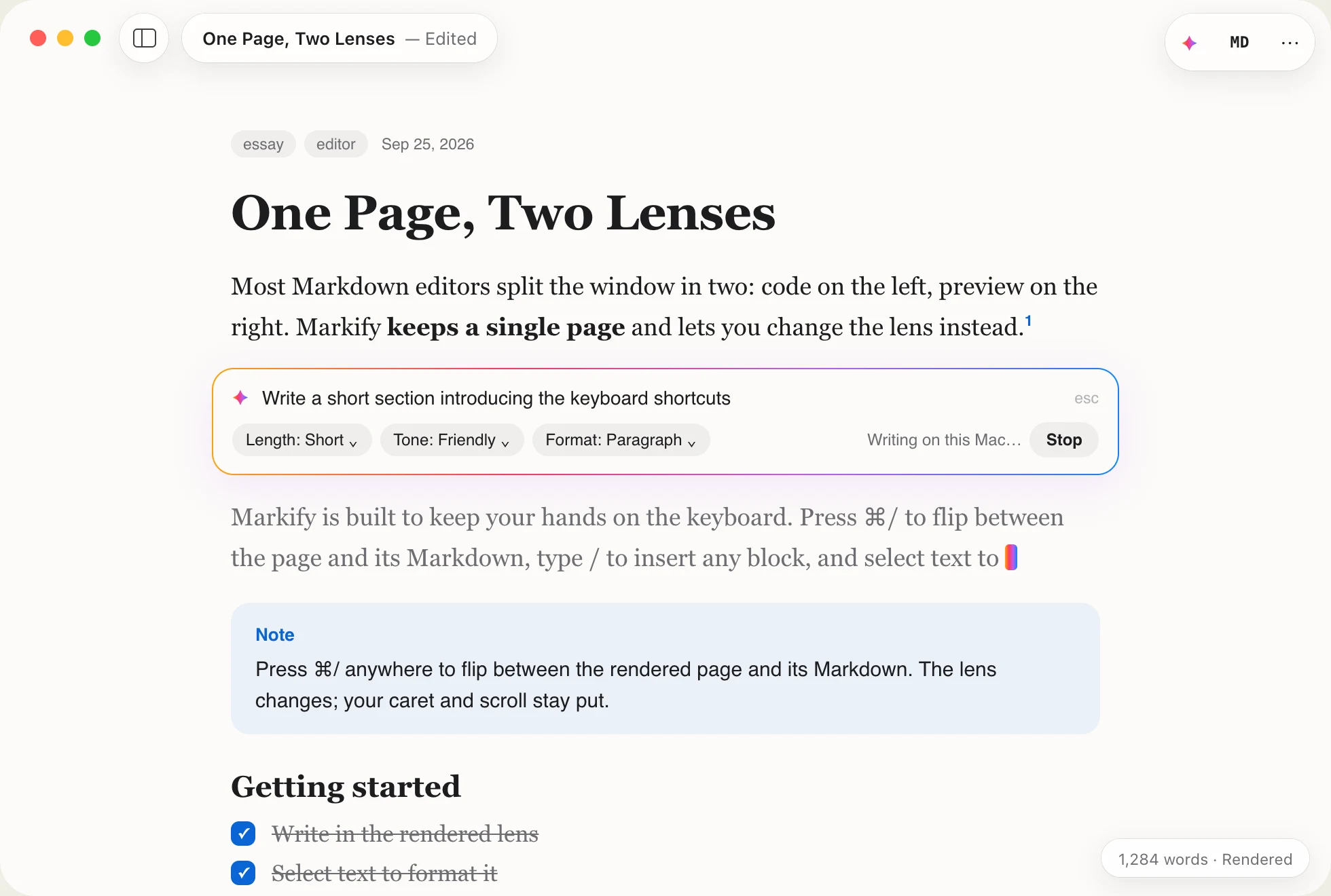 Inline composer streaming generated text at the caret