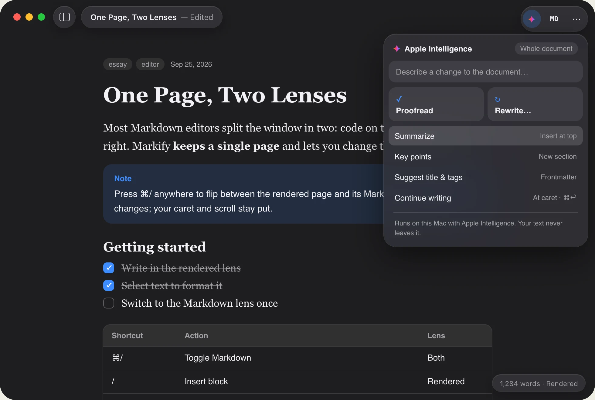 Whole-document panel with Proofread, Rewrite, Summarize, Key points and Suggest title and tags