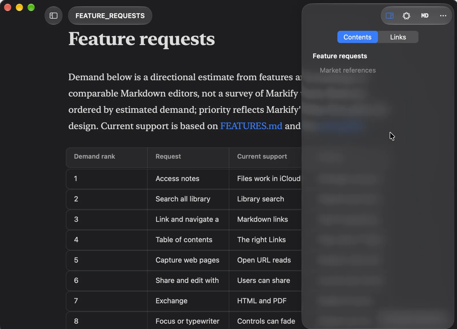 The Contents tab of the inspector listing the document’s headings