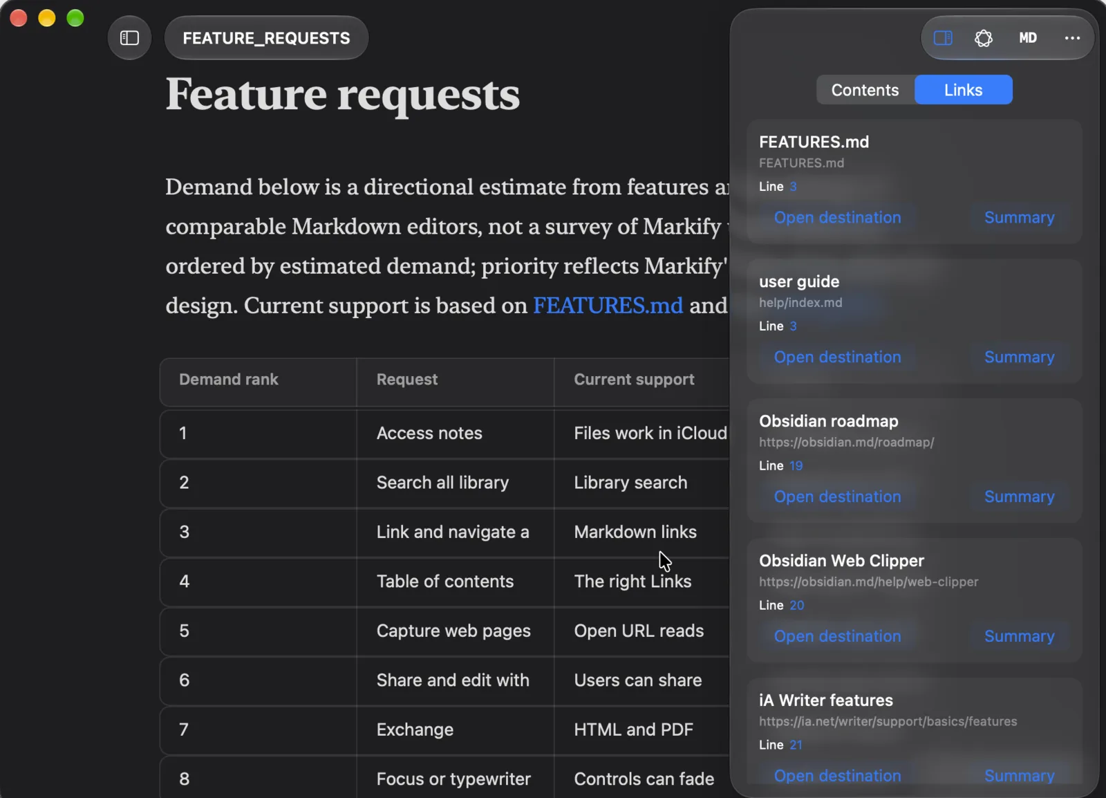 The Links inspector beside a document, listing FEATURES.md, the user guide and three web pages with their line numbers, Open destination and Summary buttons