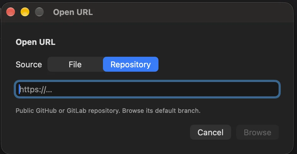 The Open URL dialog with Repository selected: public GitHub or GitLab repository, browse its default branch